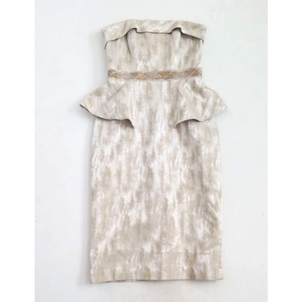 Badgley Mischka Y2K champagne and gold strapless peplum dress